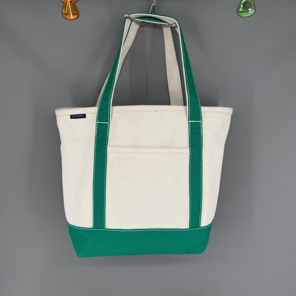 Lands' End Handbags - Lands End Medium Tote Bag 5 Pocket Zipper Green Natural Canvas *Has Embroidery